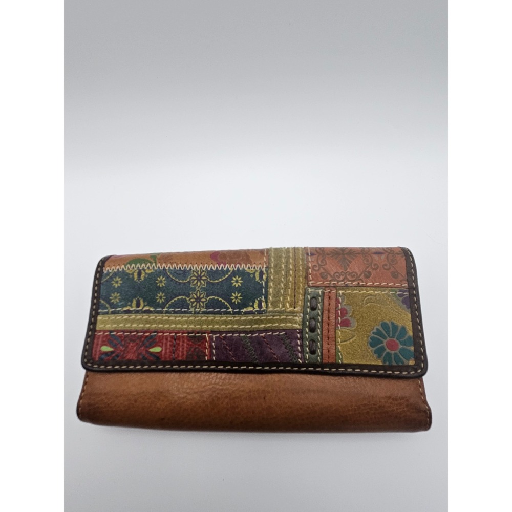 Fossil Brown Leather Patchwork Floral Tri-Fold Wallet with Zipper Pocket